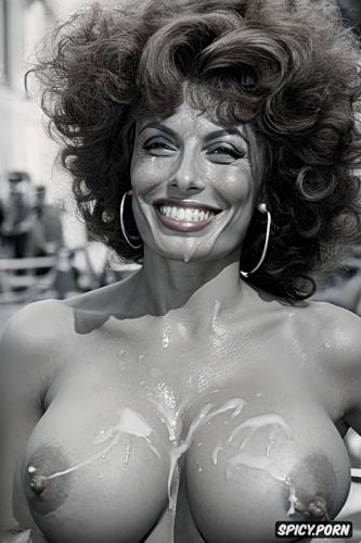 front view, smiling sophia loren, cum on tits close up, red lush curls