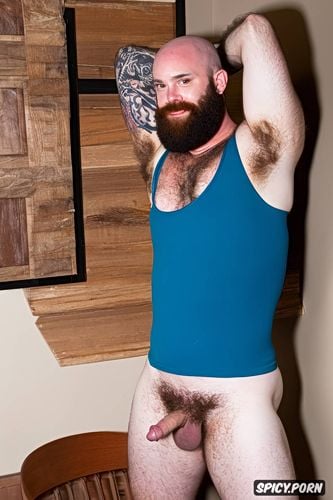 solo hairy gay chubby man with a big dick showing full body and perfect face beard showing hairy armpits indoors beefy body brown hair