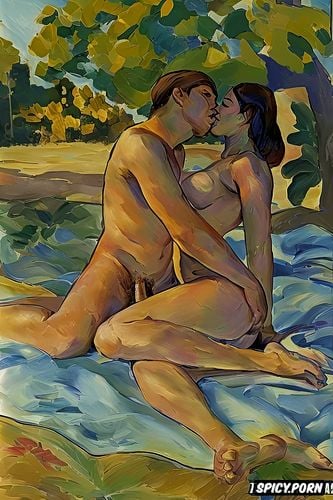 blonde man and chubby thai woman, matisse, tender outdoor nude kiss impressionist