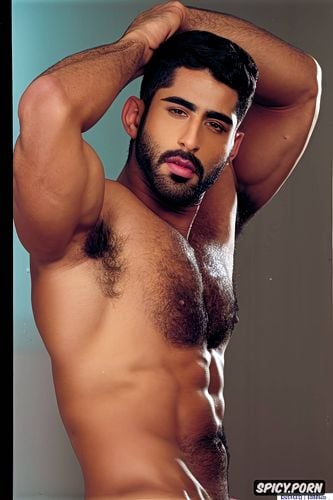 shirtless, masculine jaw, arab gay man, model face, close up face