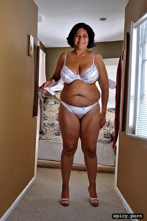 an old fat hispanic naked woman with obese belly, very short hair