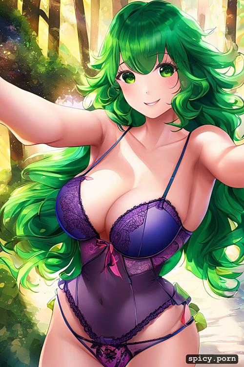 forest, korean woman, thick body, green hair, curly hair, comprehensive cinematic