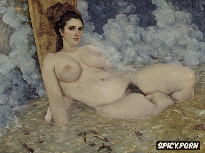 low resolution, chubby belly, german, tiled bathing, textured impasto oil paint