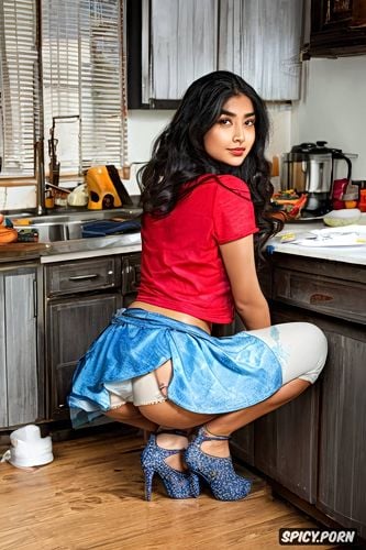 wearing clothing, staring back as she gets in position by crouching forward in the kitchen