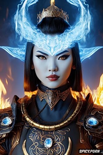 artstation, flame crown, face shot, black hair in an intricate updo