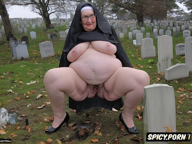 grave with headstone in a cemetery, fat pussy, saggy big huge tits
