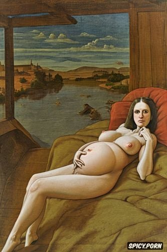 virgin mary nude in a barn, pregnant, halo around head, spreading legs shows pussy