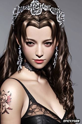high resolution, k shot on canon dslr, tattoos masterpiece, aerith gainsborough final fantasy vii rebirth beautiful face young tight low cut black lace wedding gown tiara