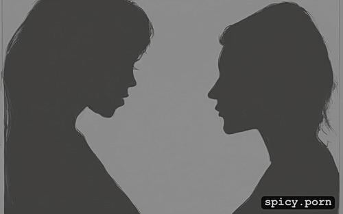 a silhouette profile scene has 2 slim women in profile, their sagging breasts with large nipples are visible in the silhouette