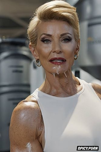 bodybuilder old lady, very muscular, sloppy wet face, in her seventies