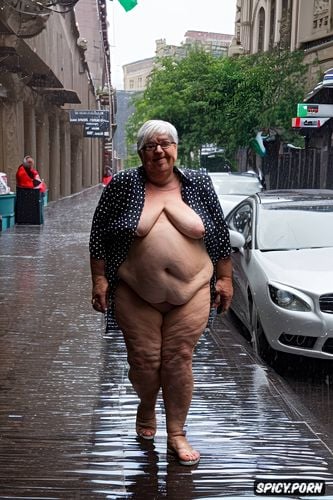 obese flabby belly skin, rainy day at city, long street, hangging loose obese saggy belly