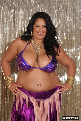 massive saggy melons, gold and silver and colorful jewelry, elegant bellydance costume with matching jeweled bikini top