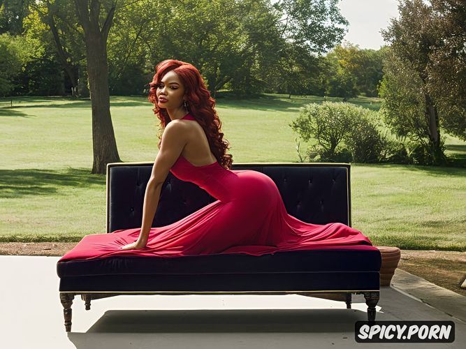 profile shot, red hair, laying on chaise, exotic waitress, intricate hair