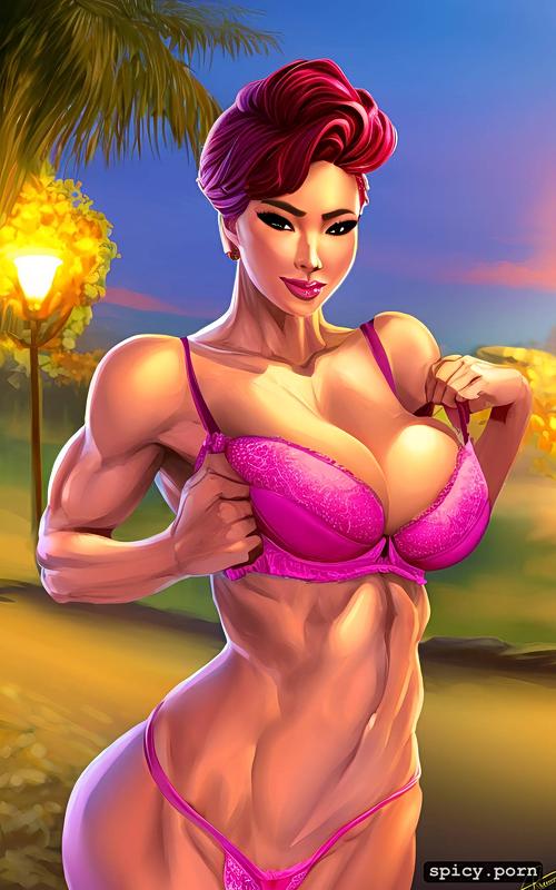 realistic, portrait, nice asian milf, 4k, muscular body, pink pixie hair