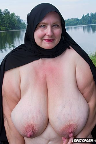 best quality, huge sagging breasts, fifty of age, hijab, bbw