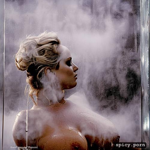 jennifer lawrence showering behind a pane of glass, bathroom