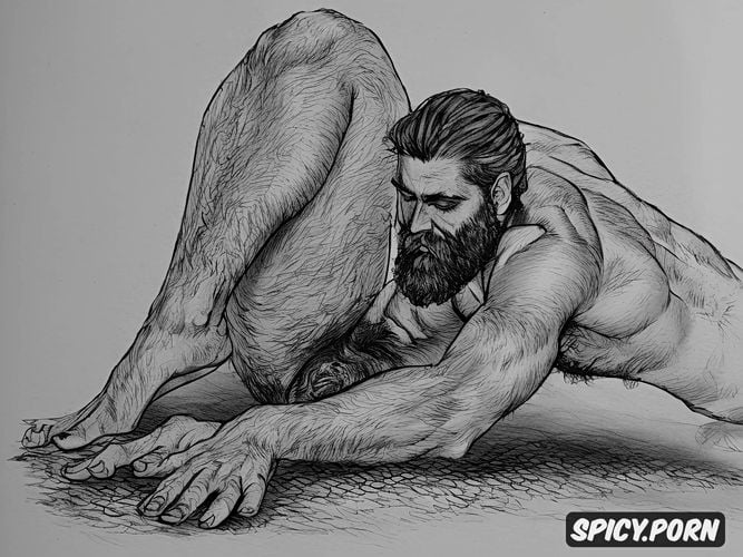 barefoot, natural thick eyebrows, masterpiece, full shot, detailed artistic nude sketch of a big dicked bearded hairy man crouching
