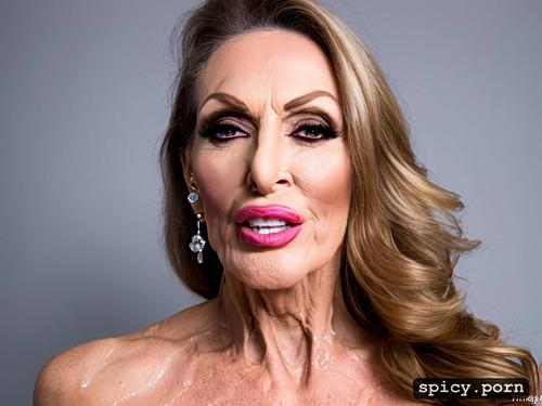 80 year old brunette white woman, shiny lips wrinkles wet face heavy make up big focused eyes high detail high cheekbone high res old whore