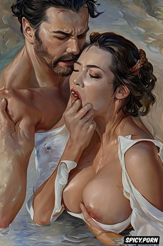 squishy boobs, fog, paul peter rubens, eyes closed, realism painting