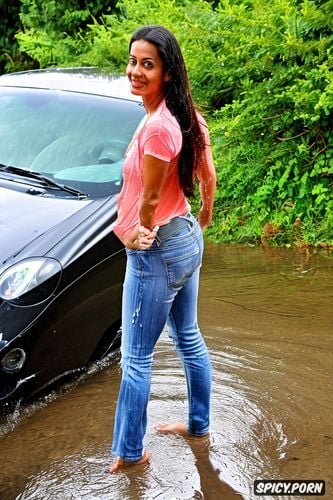 a mid twenties soaking wet, standing next to her car, rain soaked clothes reveal her perfect body structure