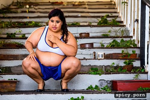 mexican chubby 50 years old 2 women sitting on the stairs, wearing a transparent wet white tank top and shorts