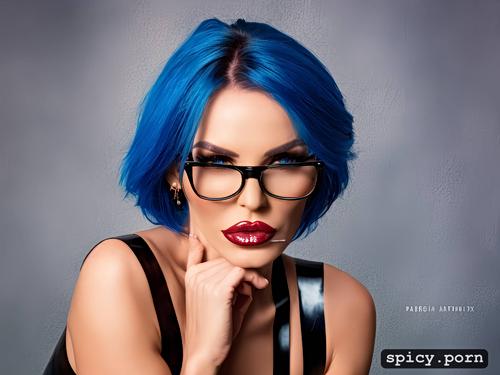 irish woman, blue hair, glasses, skinny body, heavy makeup, small hips
