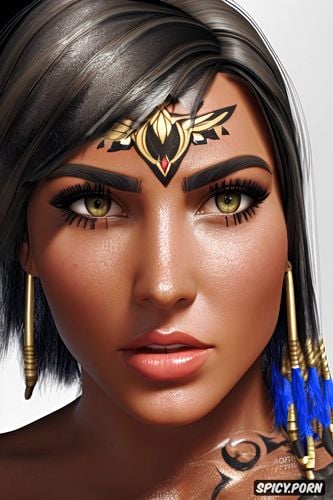 ultra realistic, high resolution, k shot on canon dslr, pharah overwatch beautiful face young tight outfit tattoos masterpiece
