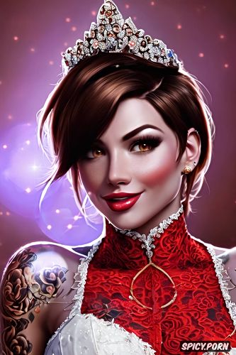 tattoos masterpiece, k shot on canon dslr, ultra detailed, tracer overwatch beautiful face full lips milf tight low cut red lace wedding gown tiara
