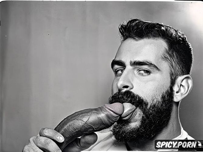 stunning photograph of gay bearded hairy man large girthy dick in mouth above average sized large balls surprised facial expression healthy perfect handsome face arab arabian intricate hair and beard natural thick eyebrows masterpiece soft lighting