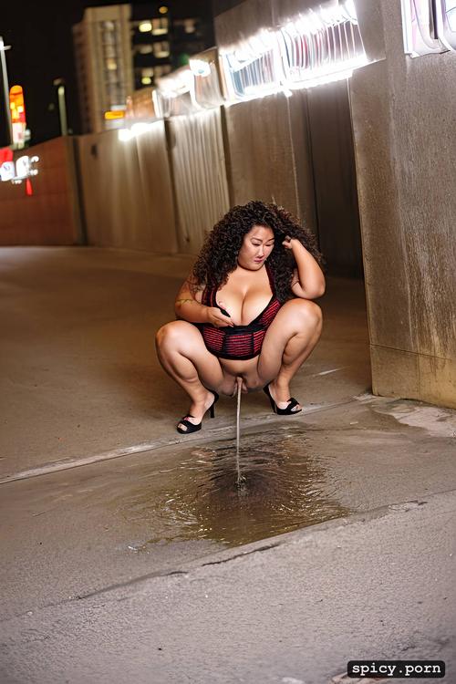 solo, asian ladyboy, red curly hair, all chubby, downtown, public street corner