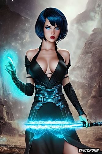 high resolution, ultra detailed, the last handmaid star wars knights of the old republic ii the sith lords beautiful face young slutty black jedi robes pale skin blue eyes short white pixie cut hair with two thin braids small perky natural breasts