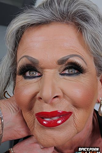 false eyelashes, mouth open, no makeup, camera top, german granny