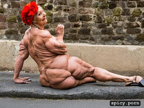 highres, lady 75 years old, in street, fat leg, fat belly, 8k