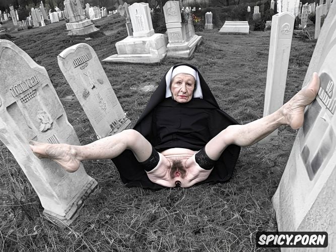 outdoors, point of view, cemetery, grey hair, ninety, catholic nun