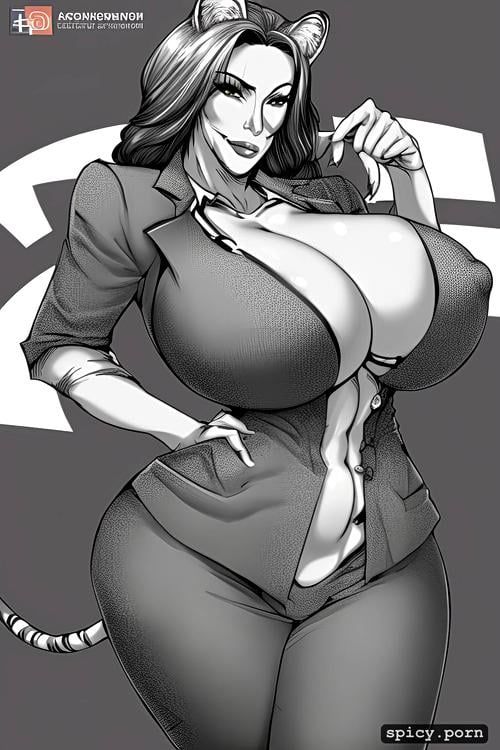 tiger woman, 60 yo, giant boobs, sharp focus, color, big hips