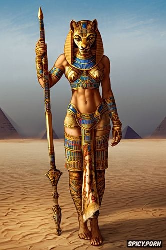 fit body with lioness face, traditional egyptian clothing, lioness headed egyptian goddess woman sekhmet armed with swords walking through a desolate desert with human skulls and skeletons in the sand