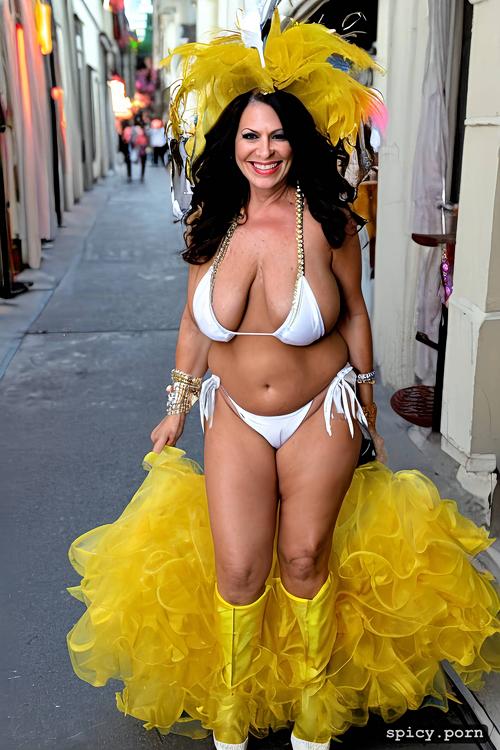 50 yo beautiful performing white mardi gras street dancer, intricate beautiful costume with matching bikini top