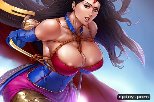 natural boobs, top pulled down, tied with golden lasso, ahegao face