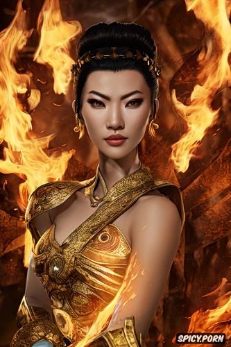 matte, flame crown, face shot, no makeup, sharp focus, surrounded by blue fire