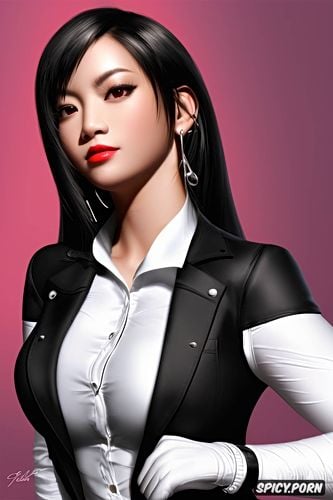 ultra detailed, ultra realistic, tifa lockhart final fantasy vii rebirth black blazer white shirt shirt unbuttoned soft lights beautiful face asian skin tone portrait