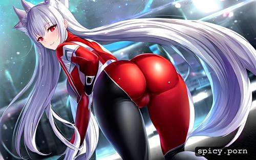 stading, silver hair, cat woman, soccer, wet skin, looking over her back