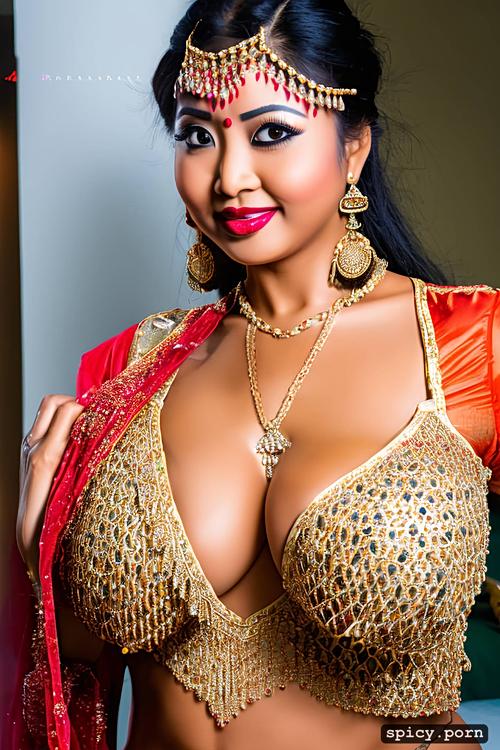 deep neck blouse, lehenga, perfect, 26 years, close up, asian woman