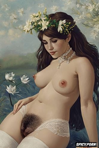 hairy pussy, impressionist painting, with a white flowers around her head and hairs