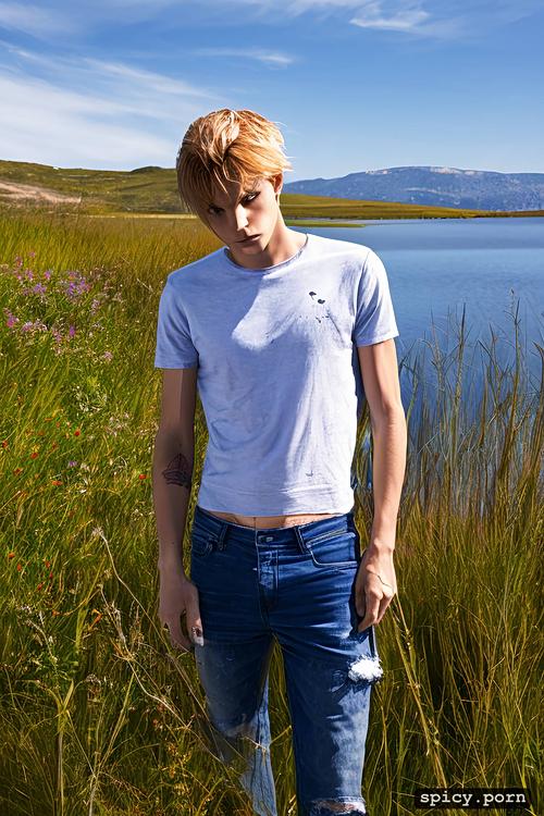 blonde, skinny, t shirt, messy hair, sad, lakeside, blue jeans