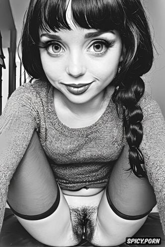 minimalistic, looking into camera, upskirt, detailed hair, braids no panties gentle smile no panties good pussy view trimmed pussy innie pussy puffy pussy gentle smile wednesday addams shirt lifted up higher
