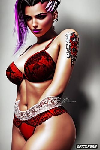 ultra detailed, ultra realistic, high resolution, sombra overwatch beautiful face young slutty low cut red lace lingerie tiara tattoos masterpiece