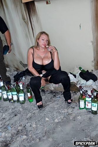 realistic, confused face, dazed, empty bottles, post apocalyptic homeless trailer park at night with bottles