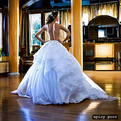 indoors, 1 8f, white dress, model, 50mm, full body, 18 yo, wedding