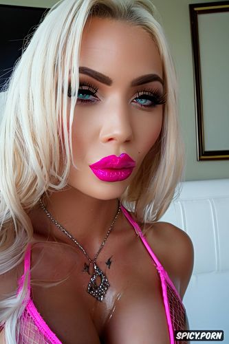 pink lipstick, eye contact, lip fillers, enormous fake lips