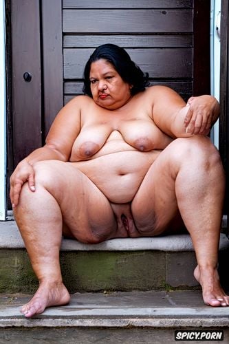 small boobs, dangling belly s skin, rainy day, symmetric, naked short ssbbw mexican granny sitting down on a threshold steps at home s door